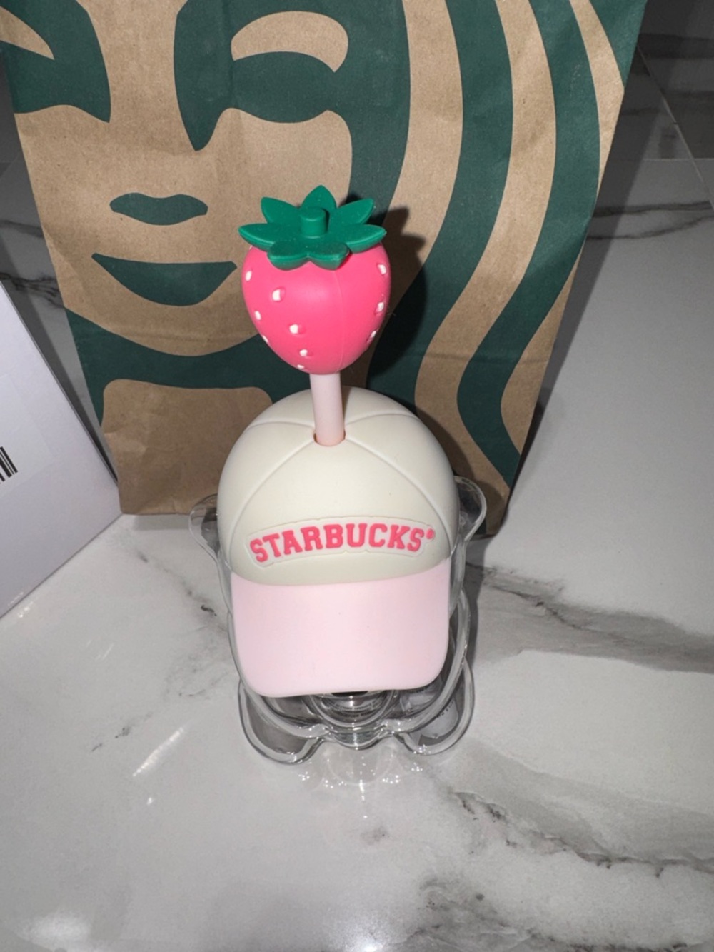 Starbucks Clear Bear Straw Cup with Pink Strawberry Top - Picture 2 of 5